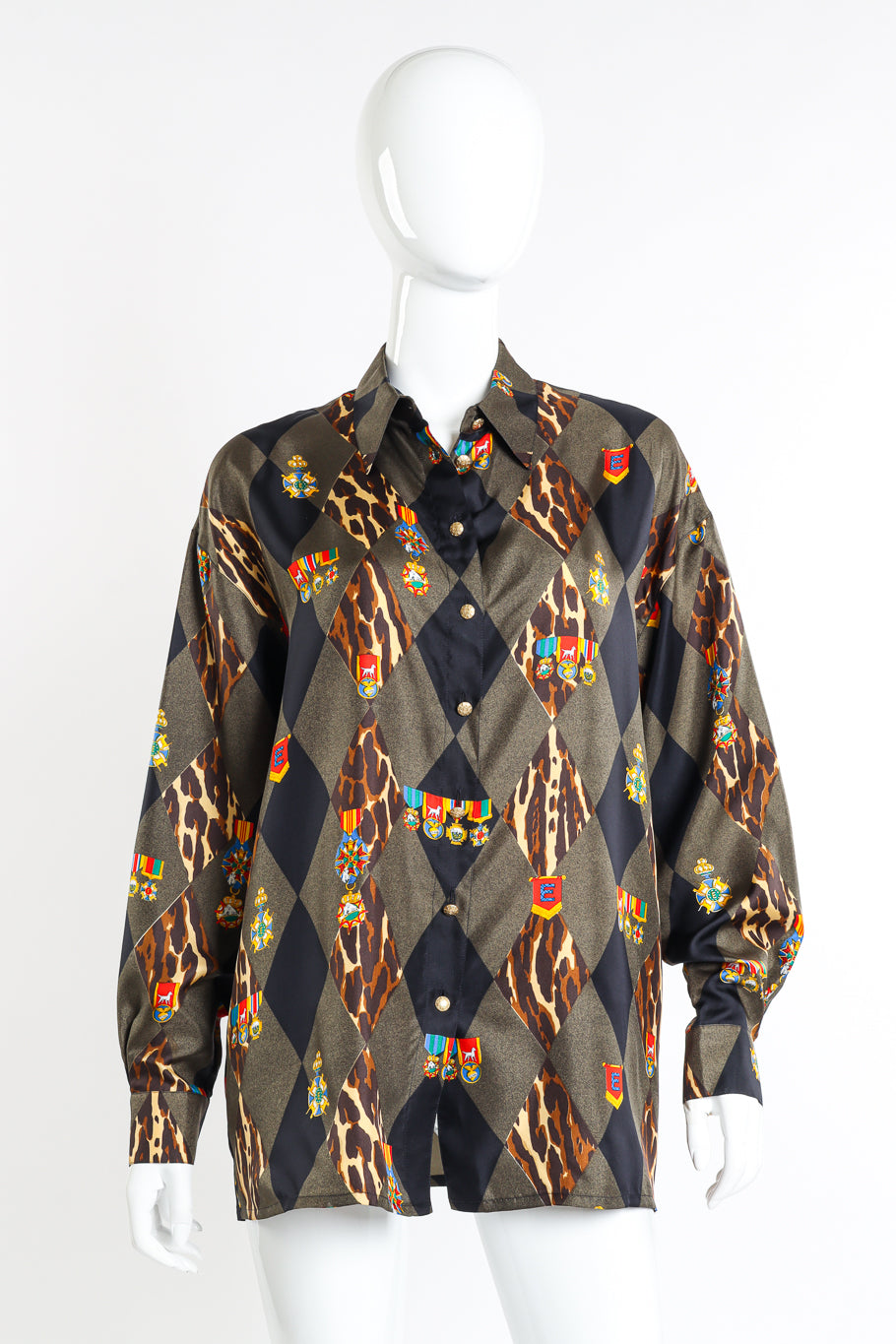 Vintage Escada Graphic Harlequin Silk Blouse front on mannequin @recessla