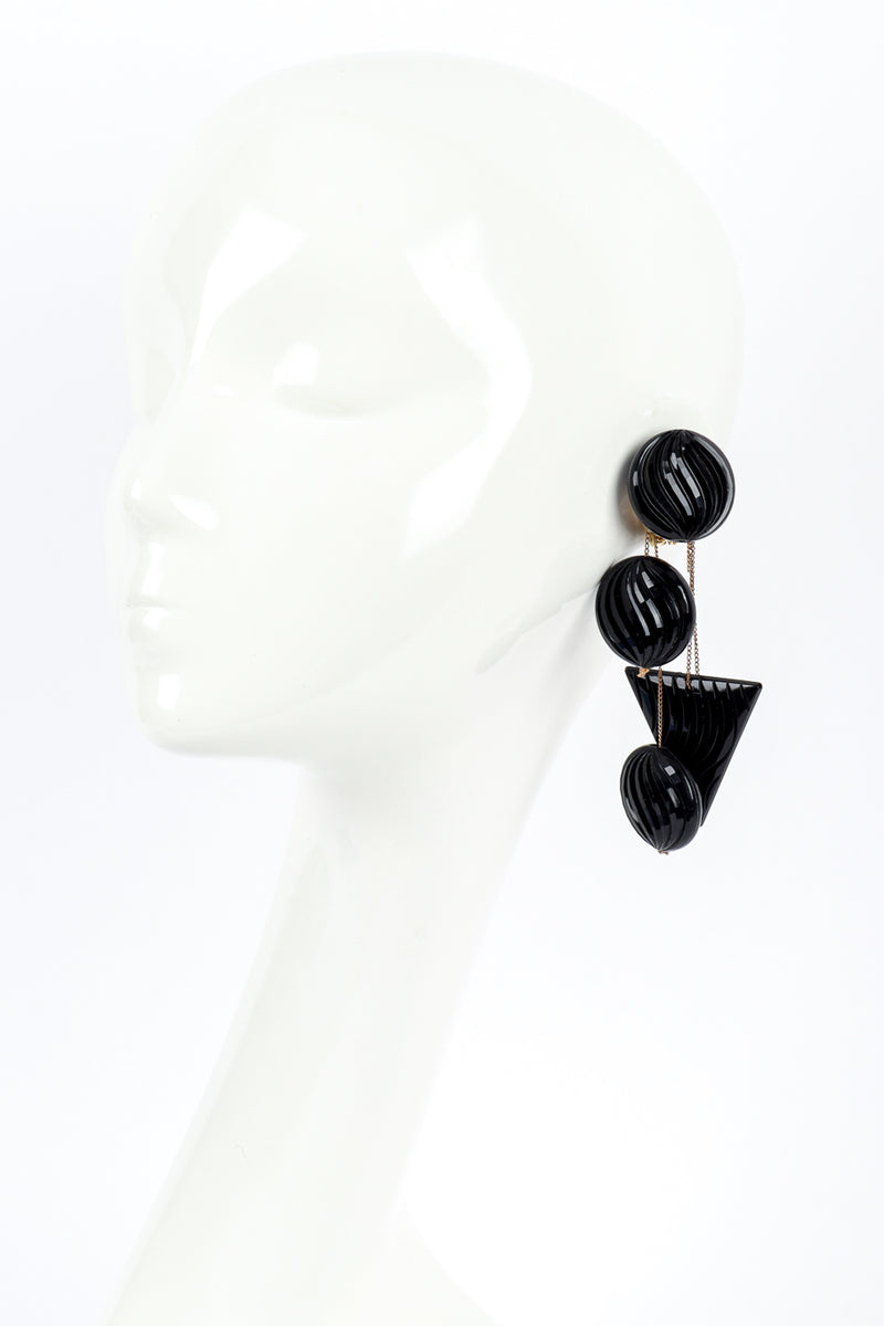 Vintage Carved Circle & Triangle Drop Earrings on mannequin @recess la