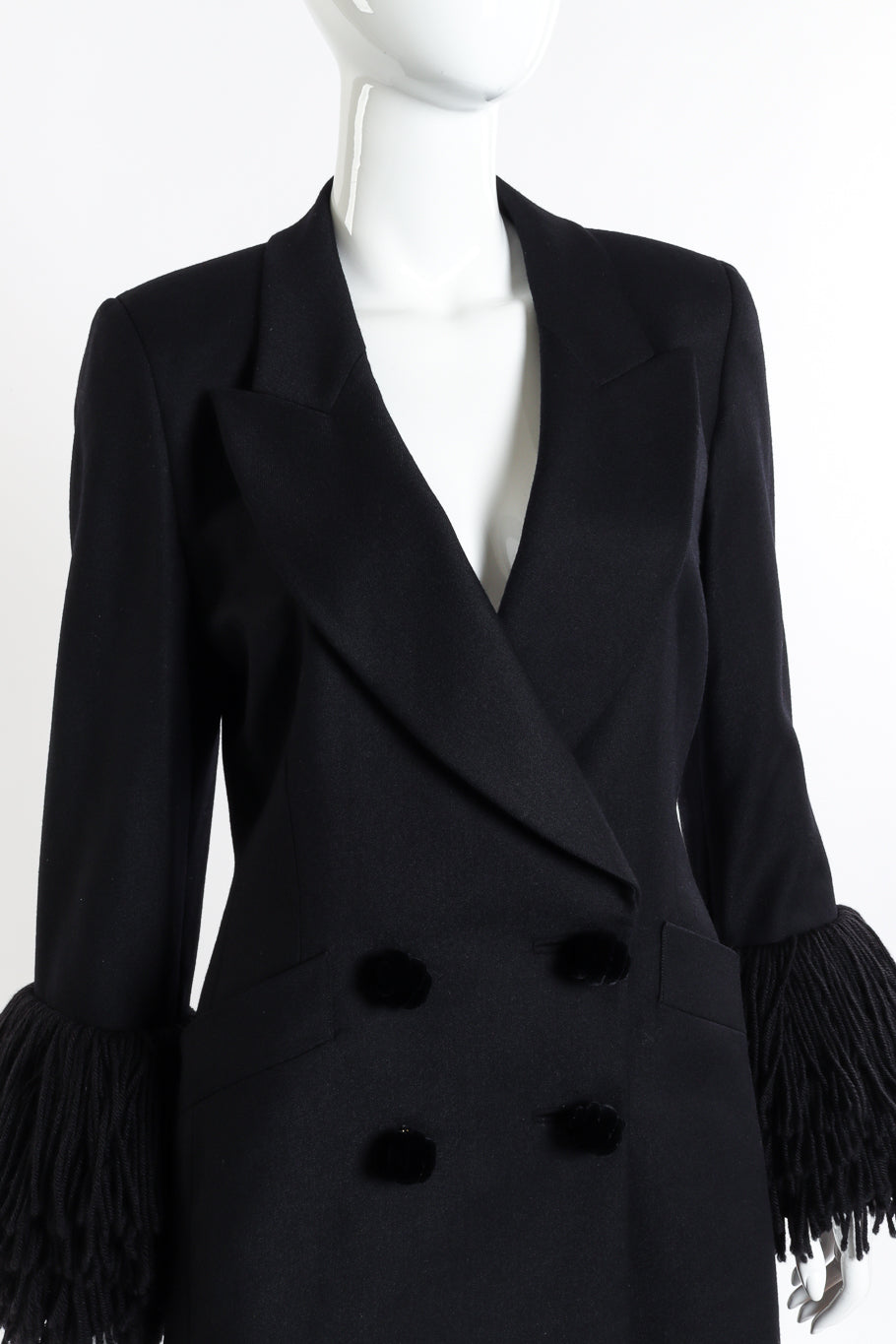 Vintage Gianfranco Ferre Fringe Cuff Blazer and Skirt Set front on mannequin closeup @recessla