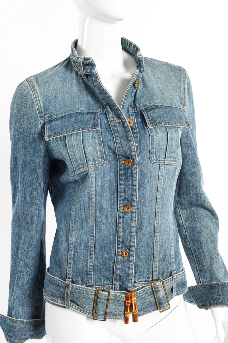 Bamboo Belt Denim Jacket by Gucci on mannequin front close @recessla