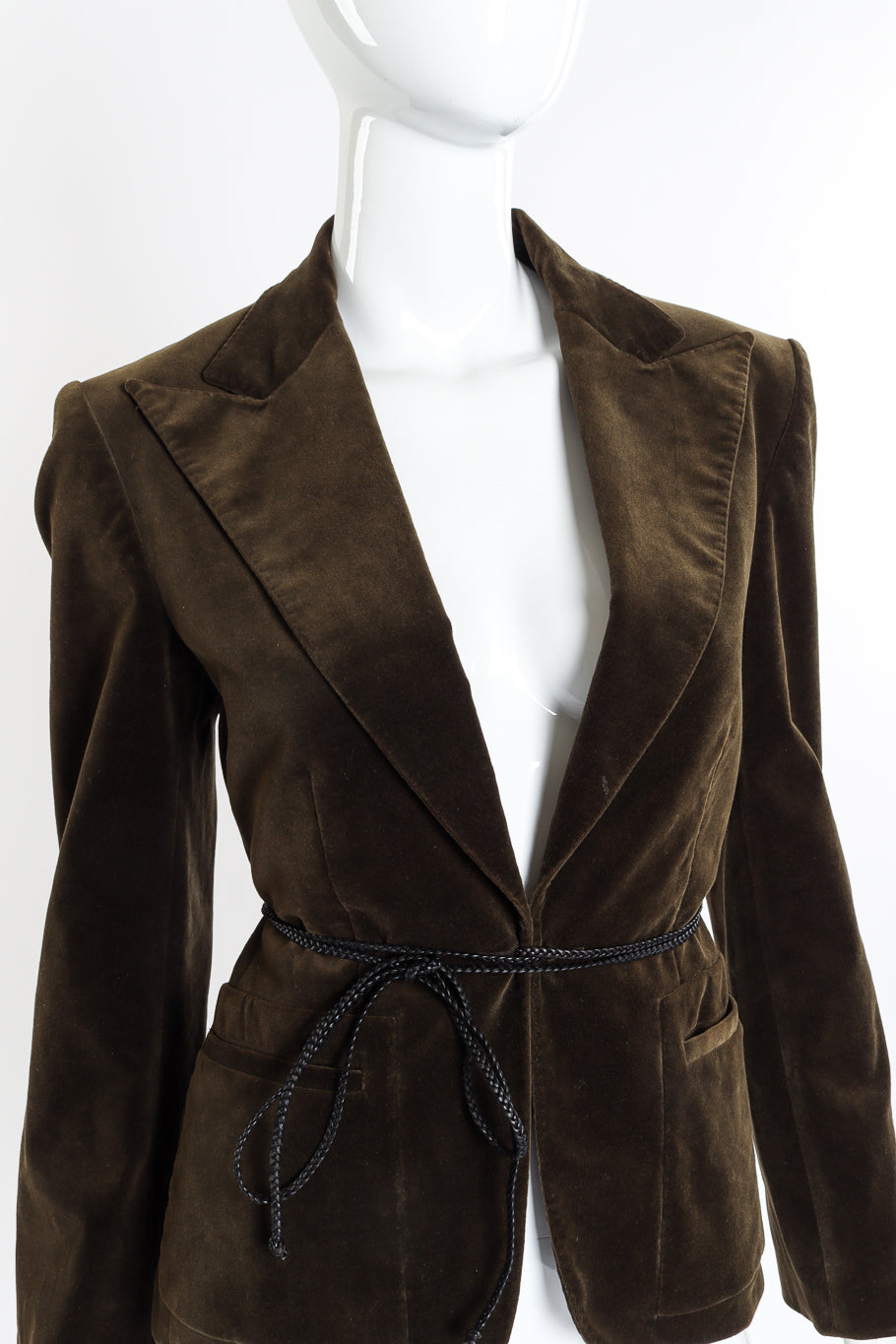 Gucci Leather Tie Velvet Blazer front on mannequin closeup @recessla