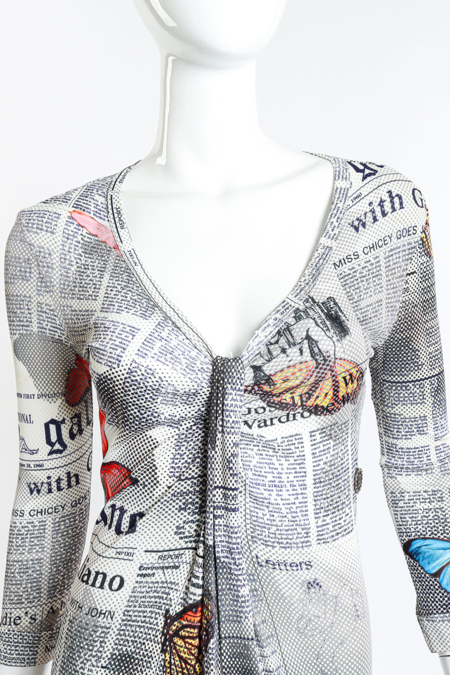 Vintage John Galliano Butterfly Newspaper Print Dress front on mannequin closeup @recess la