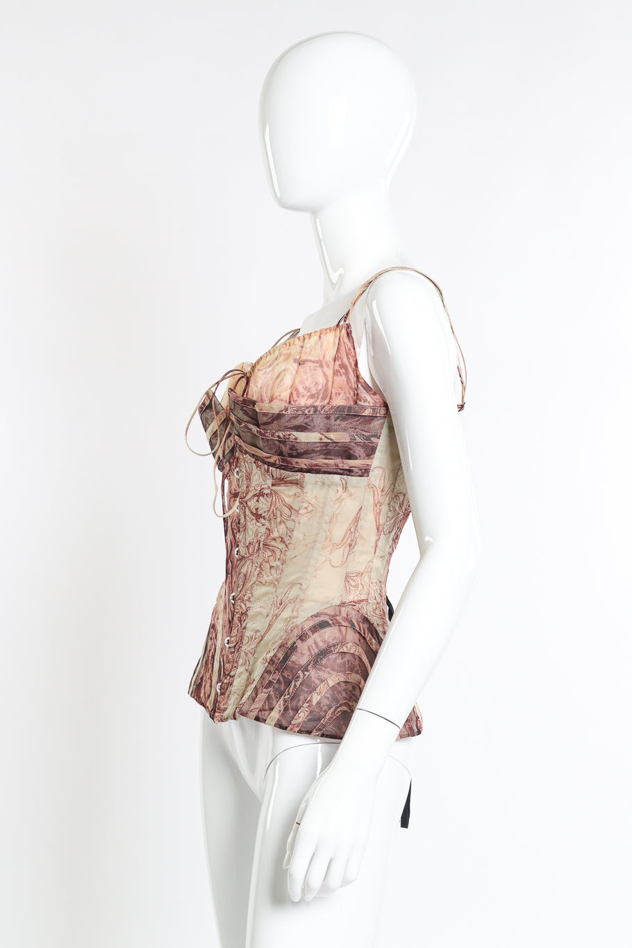 Silk Chiffon Rococo Corset Top by Jean Paul Gaultier on mannequin side @recess LA