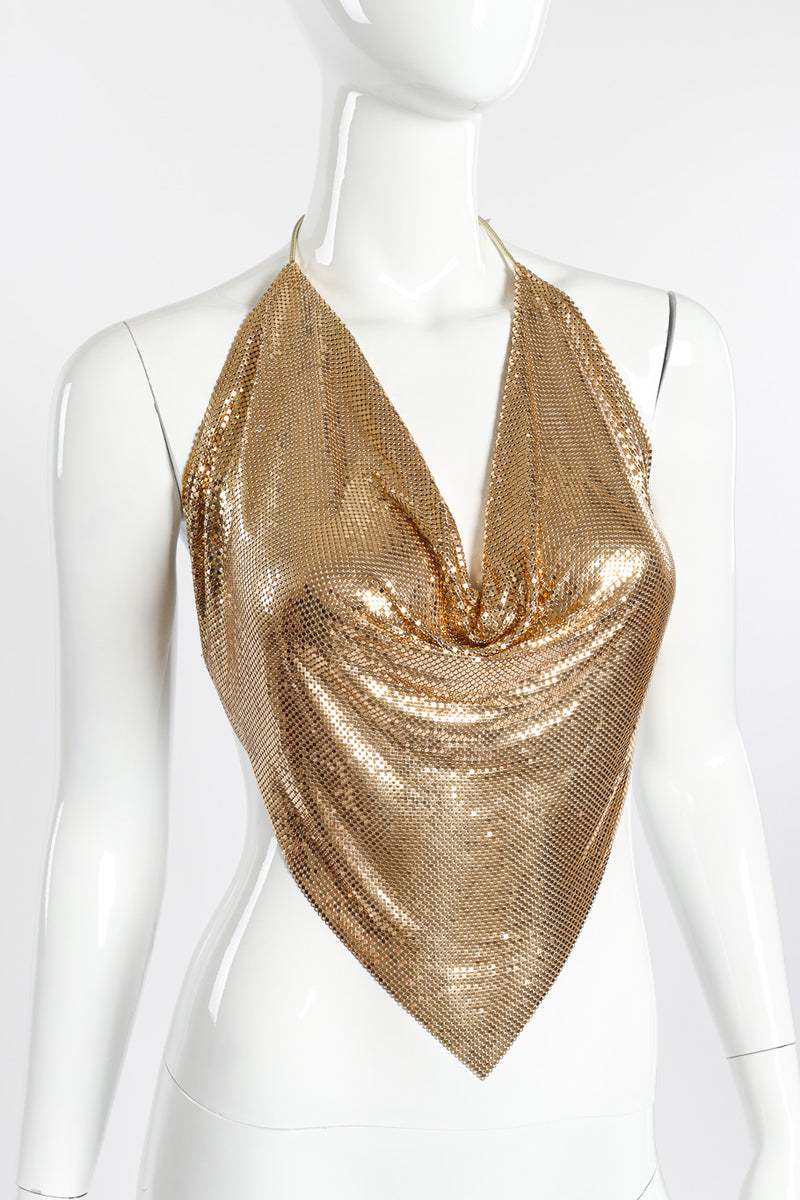 Vintage Whiting & Davis Gold Mesh Halter Top front view on mannequin closeup @Recessla