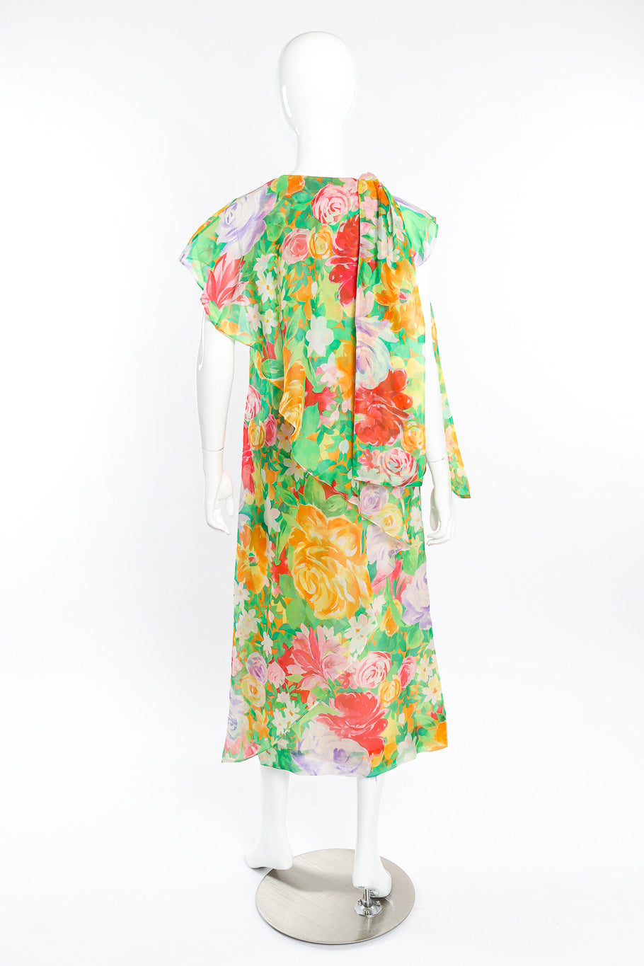 Vintage Guy Laroche Silk Floral Ruffle Dress back view on mannequin @Recessla