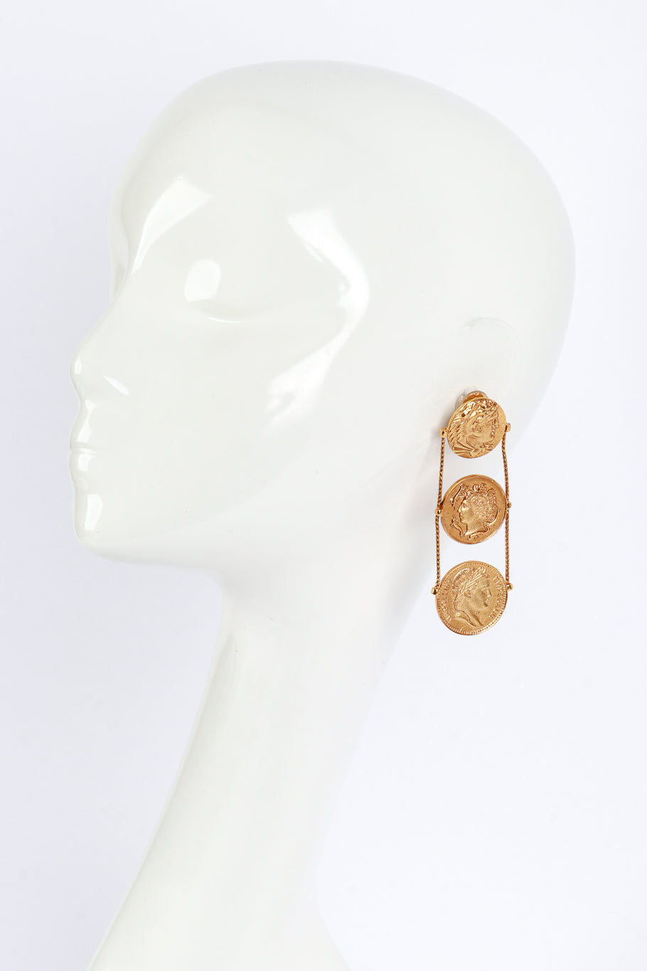 Vintage Oscar de la Renta Tethered Roman Coin Drop Earrings on mannequin @recess la