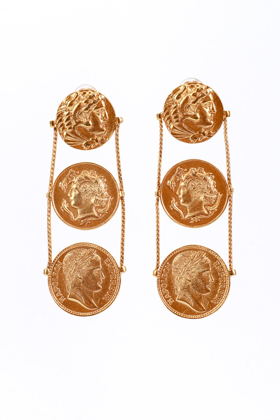 Vintage Oscar de la Renta Tethered Roman Coin Drop Earrings front @recess la