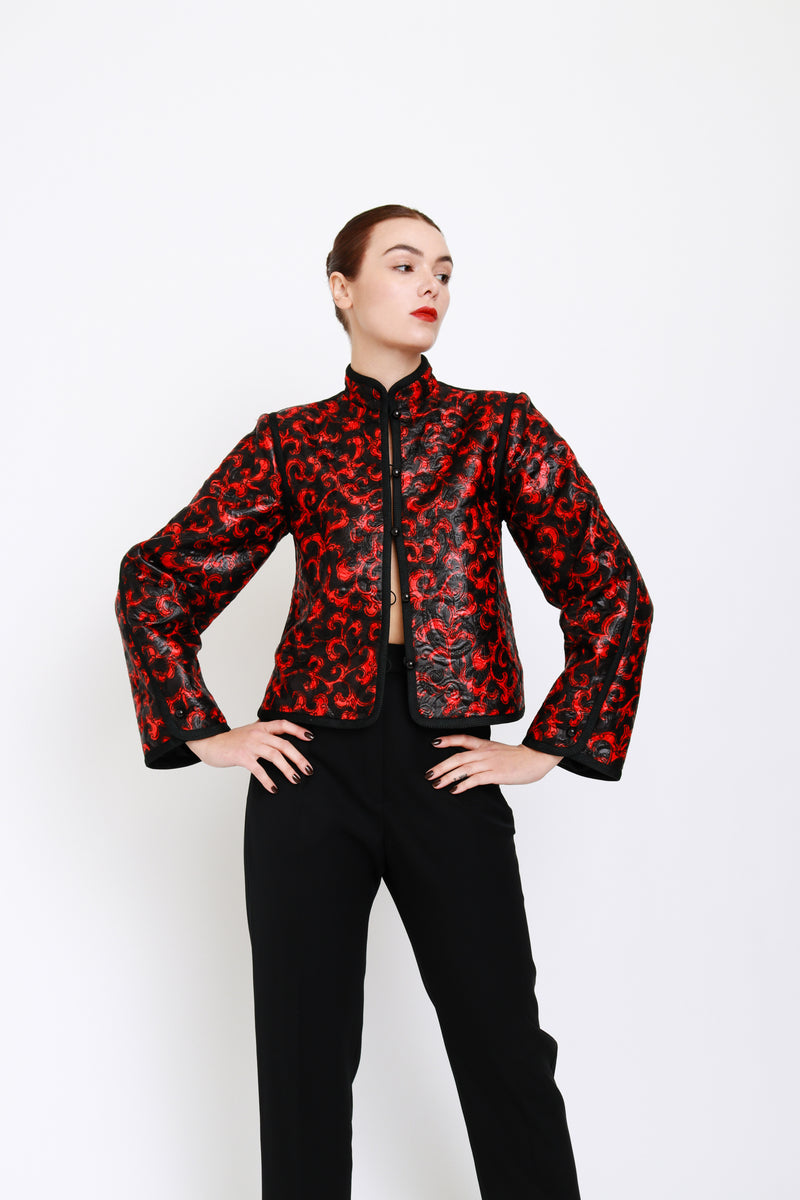 Vintage Saint Laurent Damask Jacquard Mandarin Jacket on model @recess la