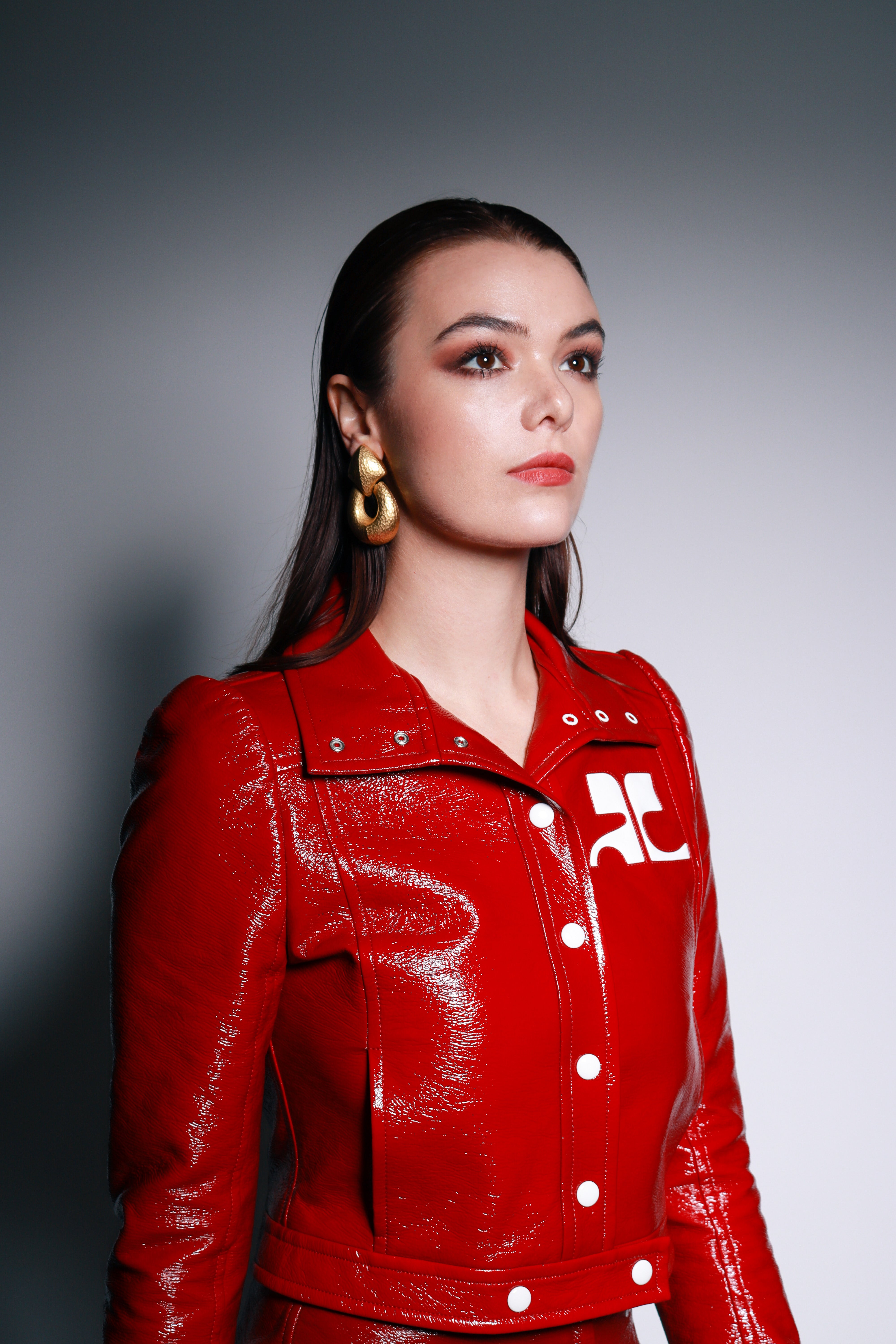 Courregès Berry Red Patent Leather Moto Jacket model @RECESS LA