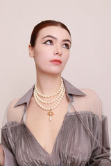 Vivienne Westwood Triple Strand Pearl Orb Necklace on model @recess la