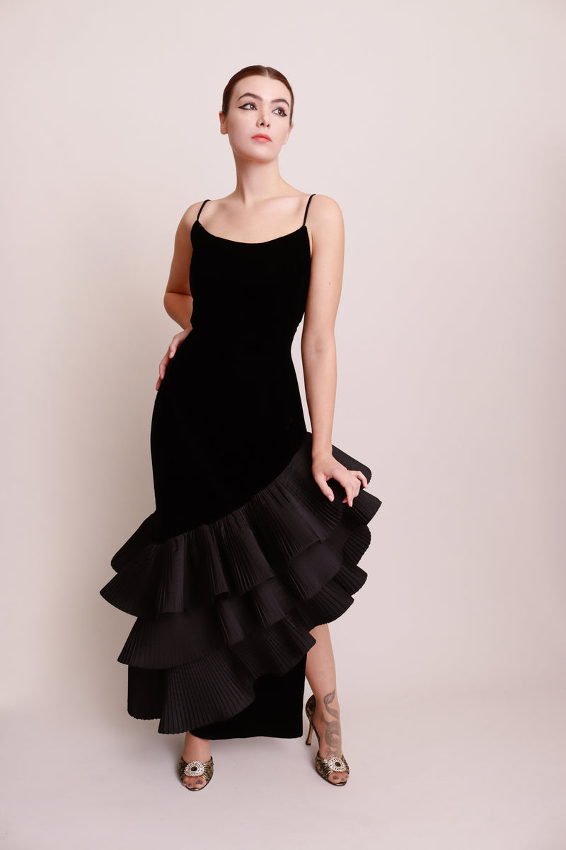 Vintage Victor Costa Asymmetric Ruffle Velvet Dress front on model @recess la