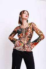 Jean Paul Gaultier Lace Up Butterfly Mesh Top front on model @recess la