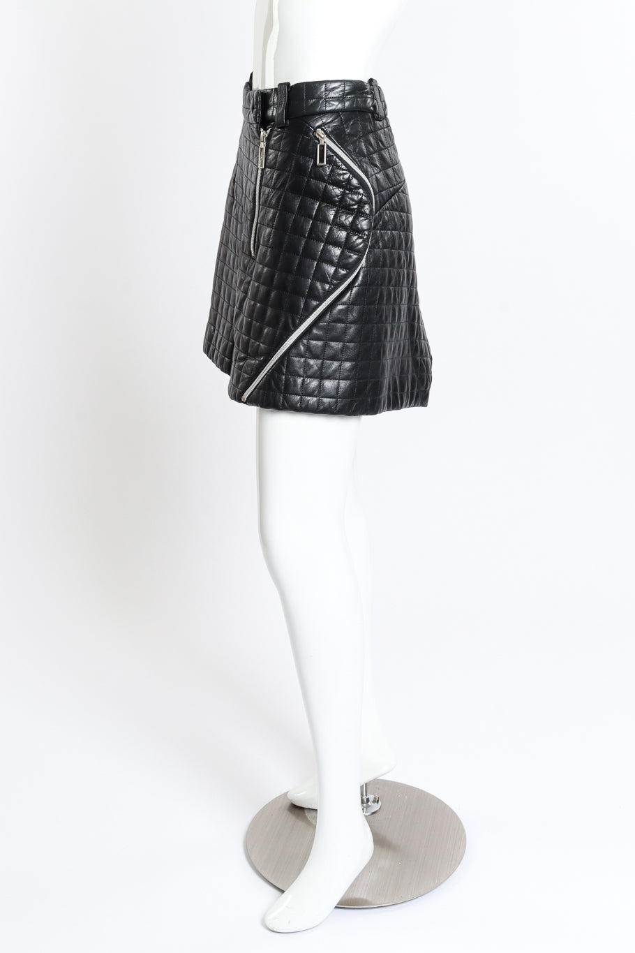 Vintage Issey Miyake Quilted Leather Mini Skirt side on mannequin @recess la