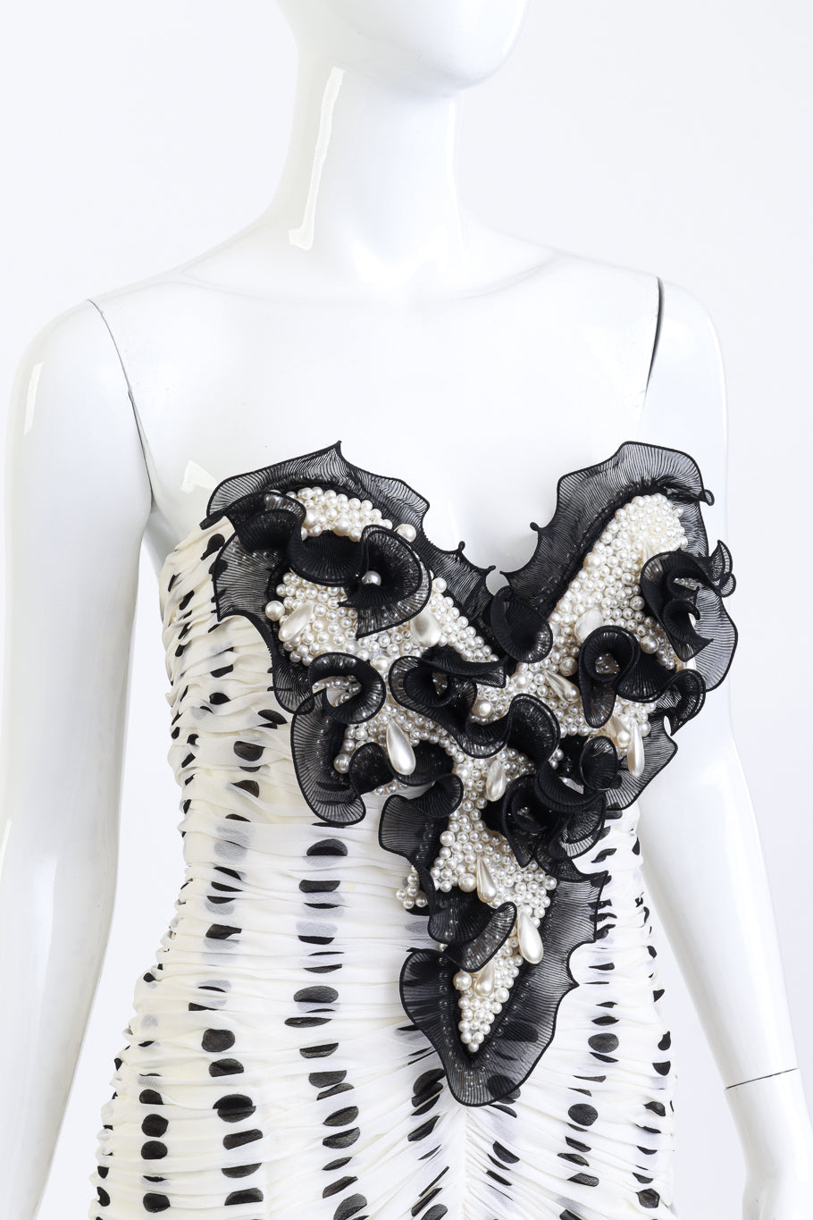 Vintage Isabelle Allard Pearl Cluster Polka Dot Dress front bodice on mannequin closeup @recess la