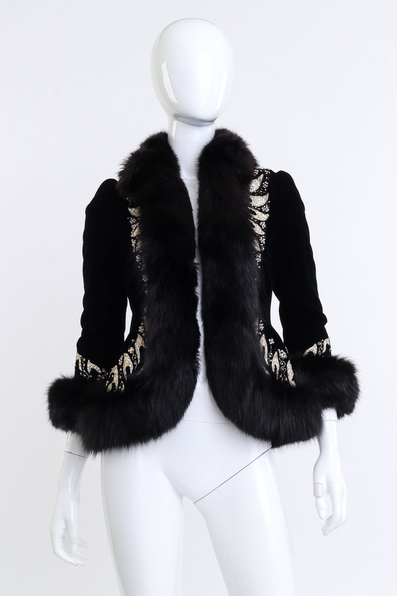 Vintage Jean Louis Scherrer Beaded Fur Trim Velvet Jacket front on mannequin @recess la