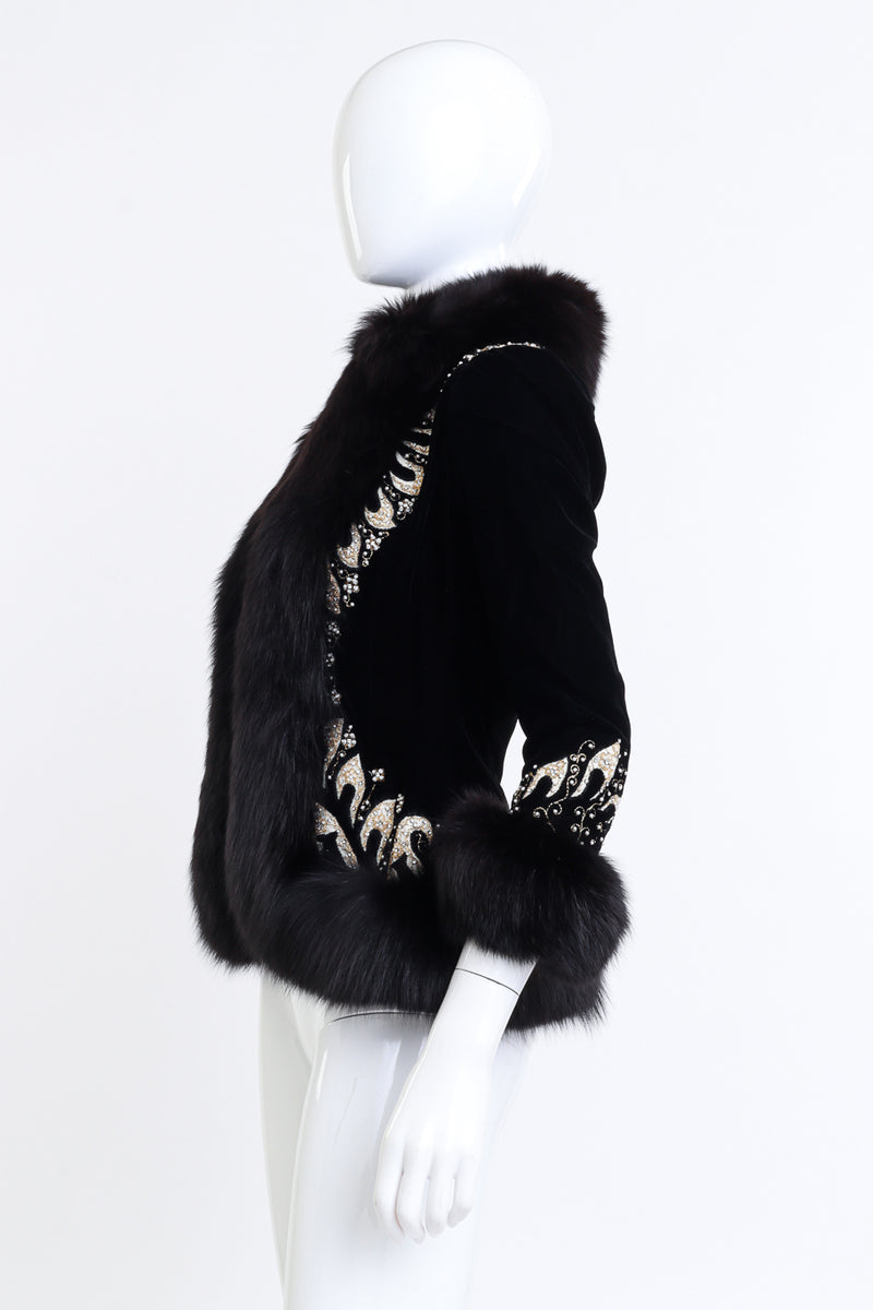 Vintage Jean Louis Scherrer Beaded Fur Trim Velvet Jacket side on manenquin @recess la