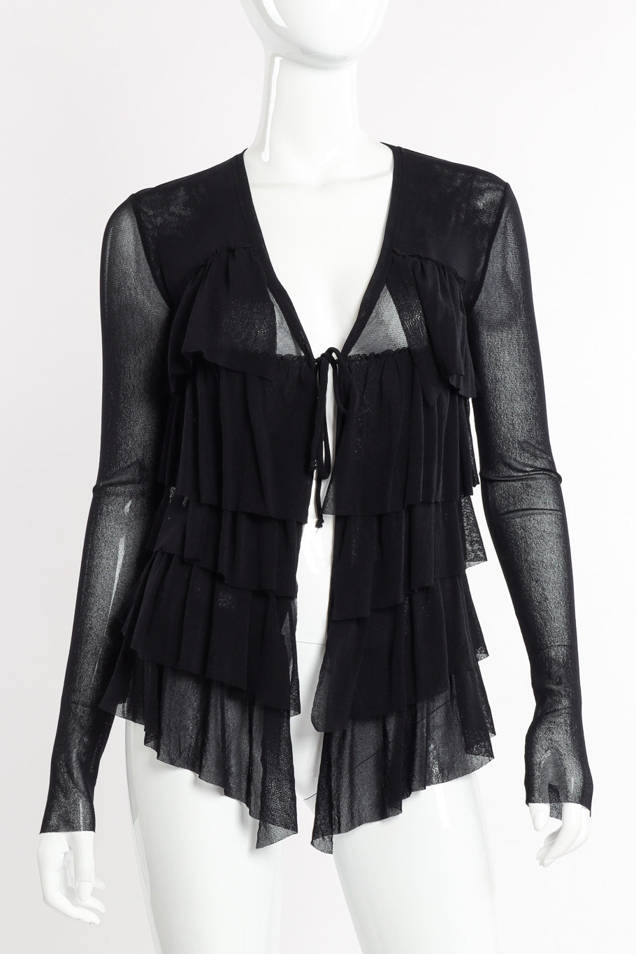 Jean Paul Gaultier Tiered Ruffle Mesh Cardigan front view on mannequin closeup @recessla