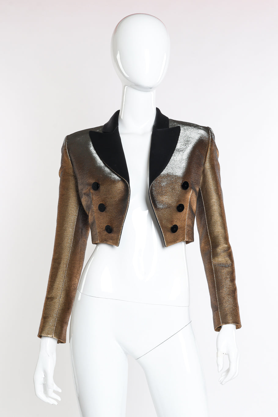 Jean Paul Gaultier Femme Cropped Lamé Tuxedo Jacket front on mannequin @recessla