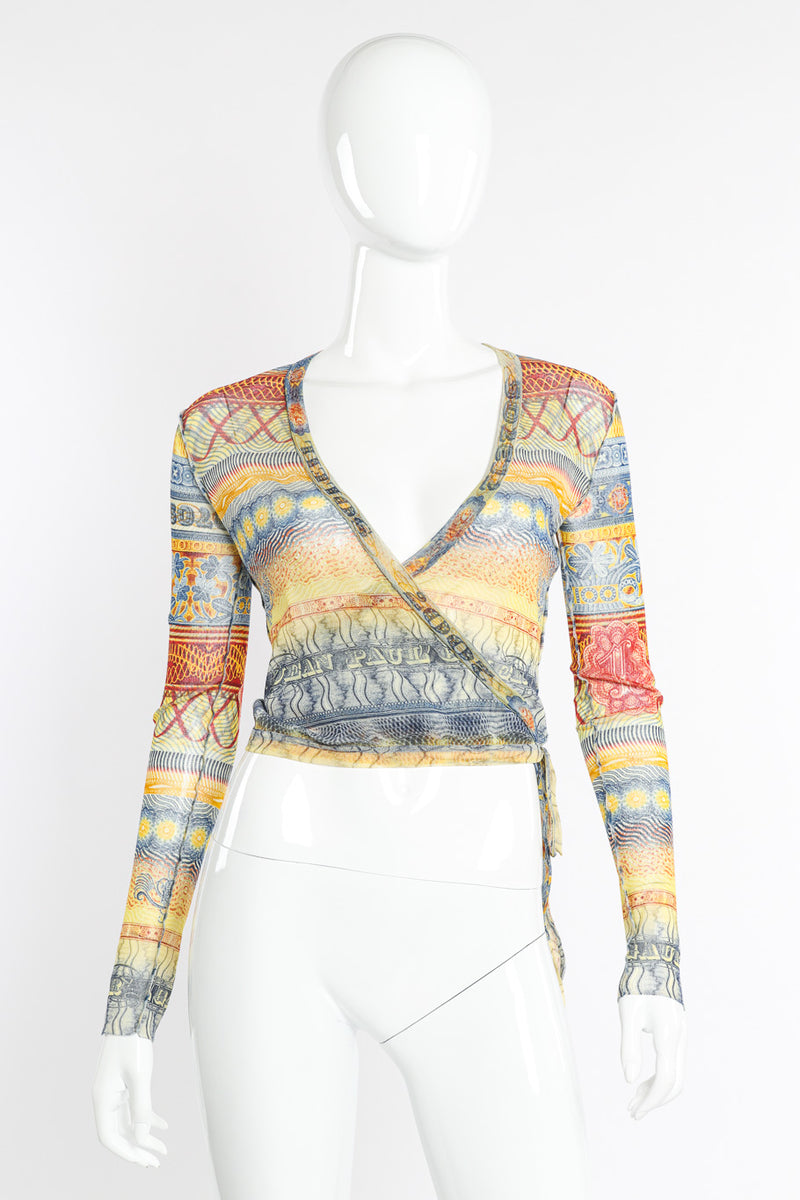 Vintage Jean Paul Gaultier Currency Mesh Wrap Top front view on mannequin @Recessla