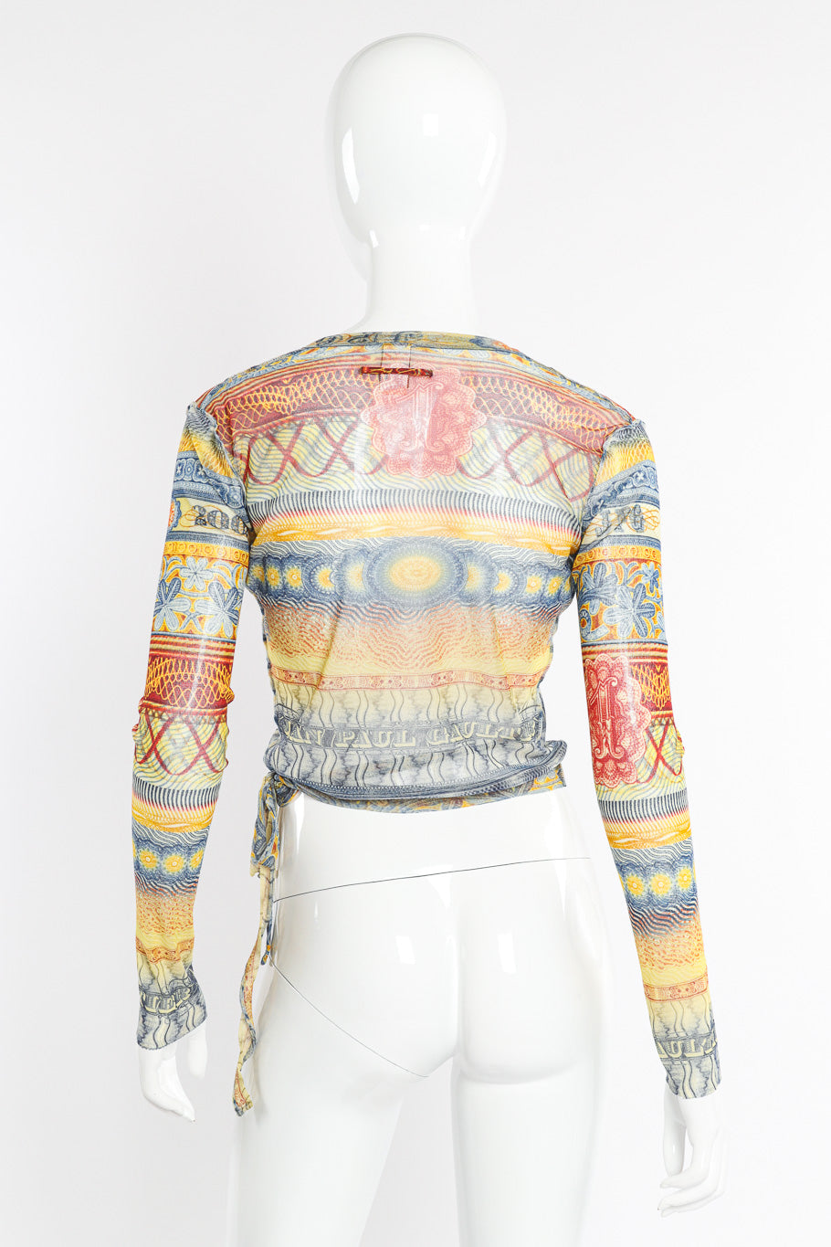 Vintage Jean Paul Gaultier Currency Mesh Wrap Top back view on mannequin @Recessla