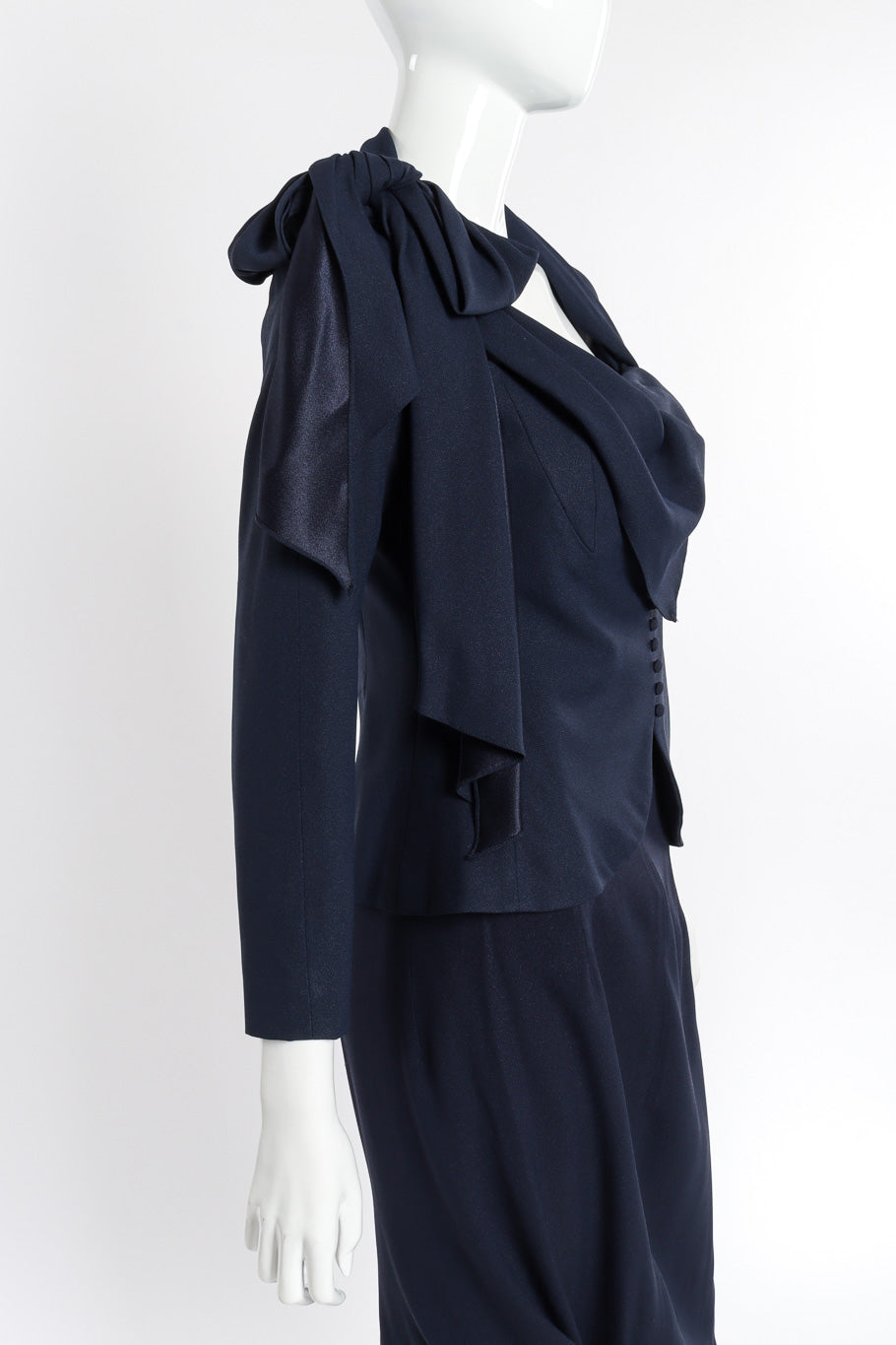 Vintage John Galliano 1999 S/S Draped Jacket and Skirt Set side view on mannequin closeup @recessla