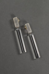 Vintage Judith Hendler Lucite Barrel Drop Earrings full view on grey backdrop @Recessla