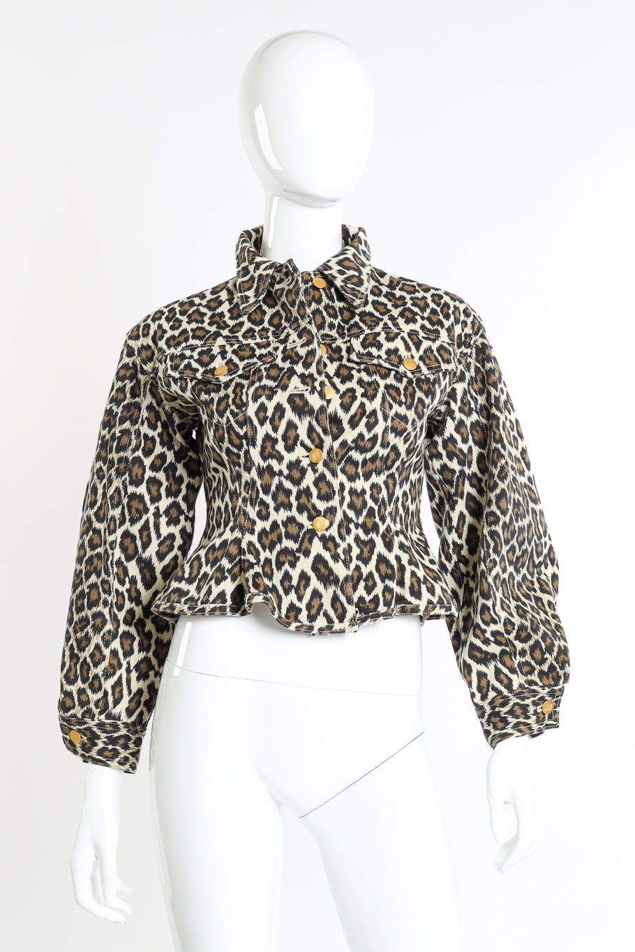 Vintage Junior Gaultier Leopard Denim Peplum Jacket front on mannequin @recessla