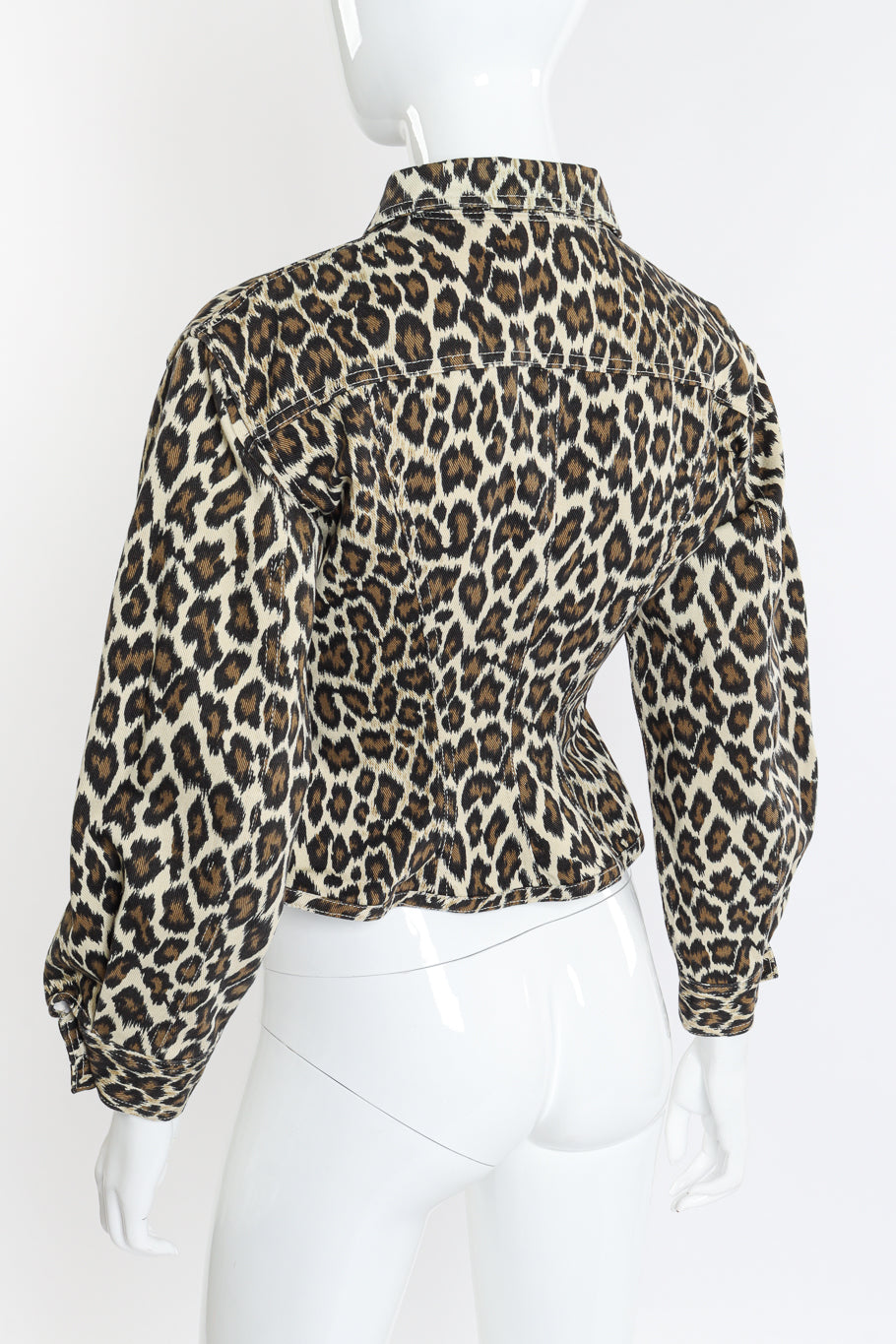 Vintage Junior Gaultier Leopard Denim Peplum Jacket back on mannequin closeup @recessla