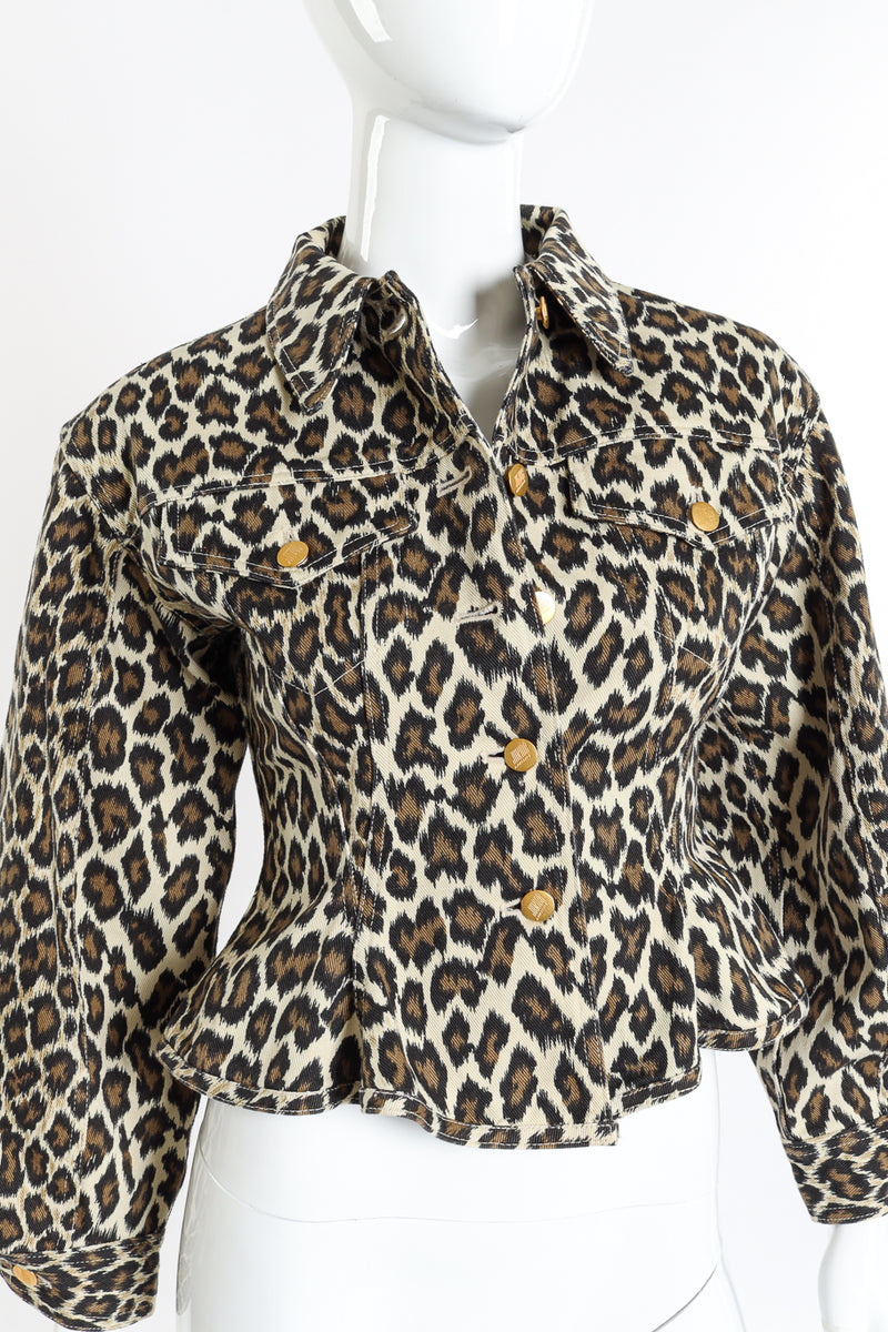 Vintage Junior Gaultier Leopard Denim Peplum Jacket front on mannequin closeup @recessla