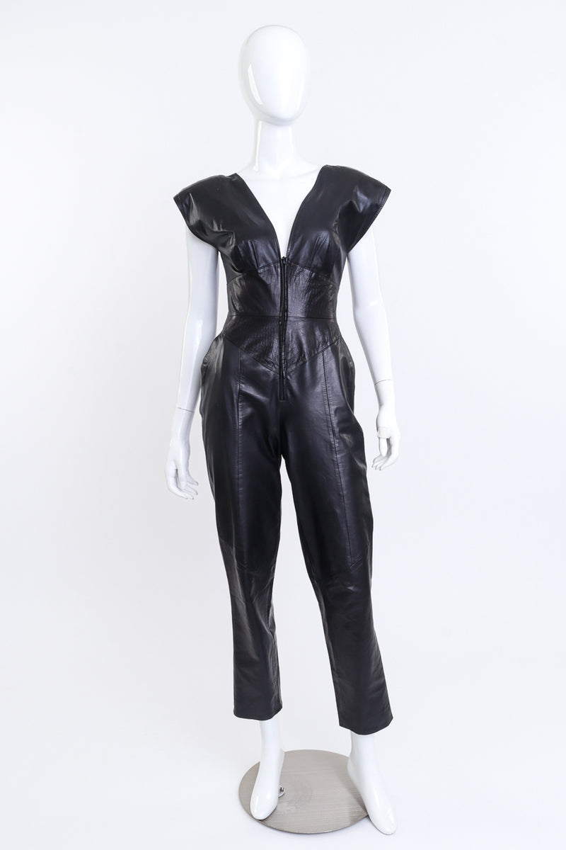 Vintage Karen Okada Croc Embossed Leather Jumpsuit front on mannequin @recess la