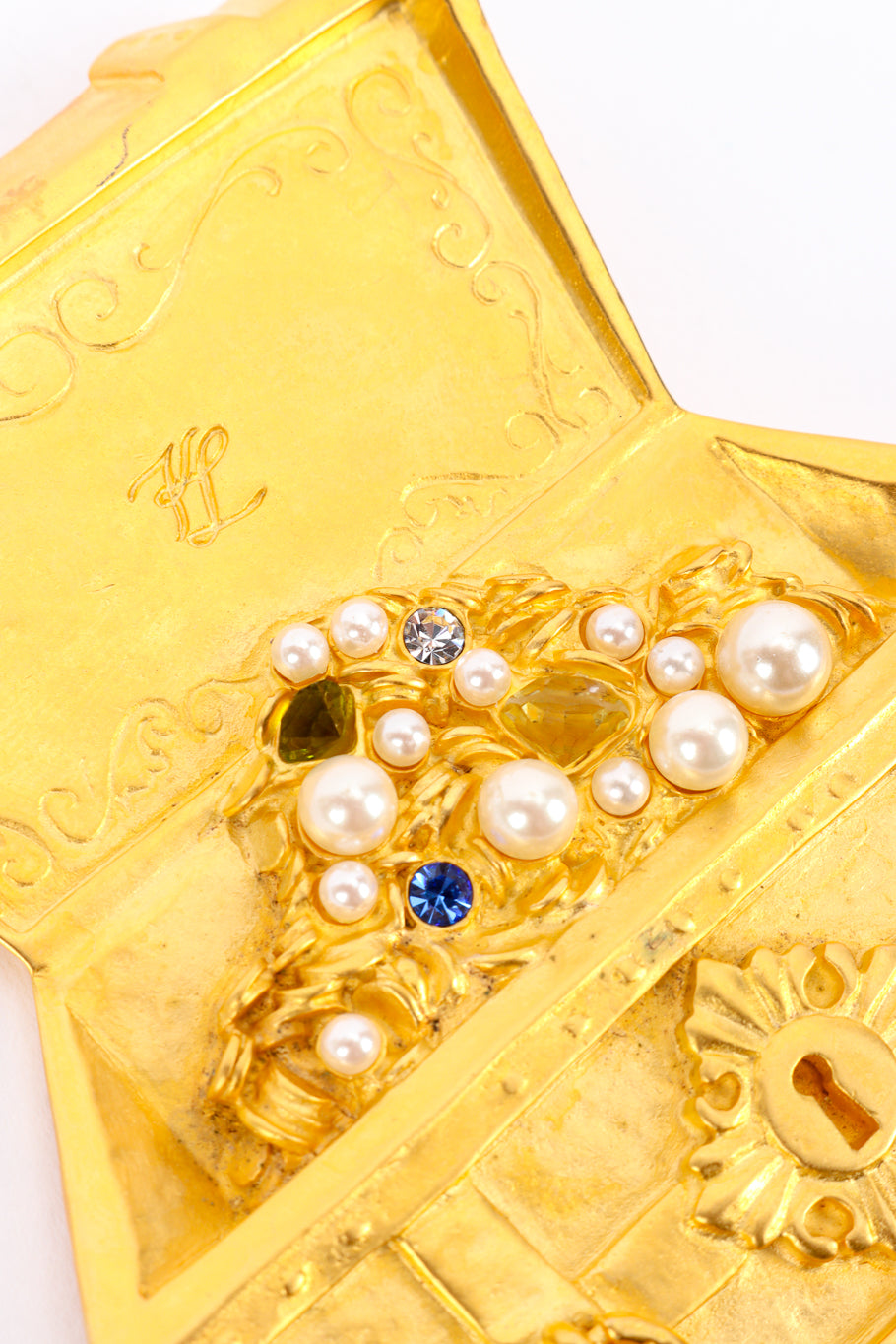 Vintage Karl Lagerfeld Treasure Chest Brooch signature closeup @recessla