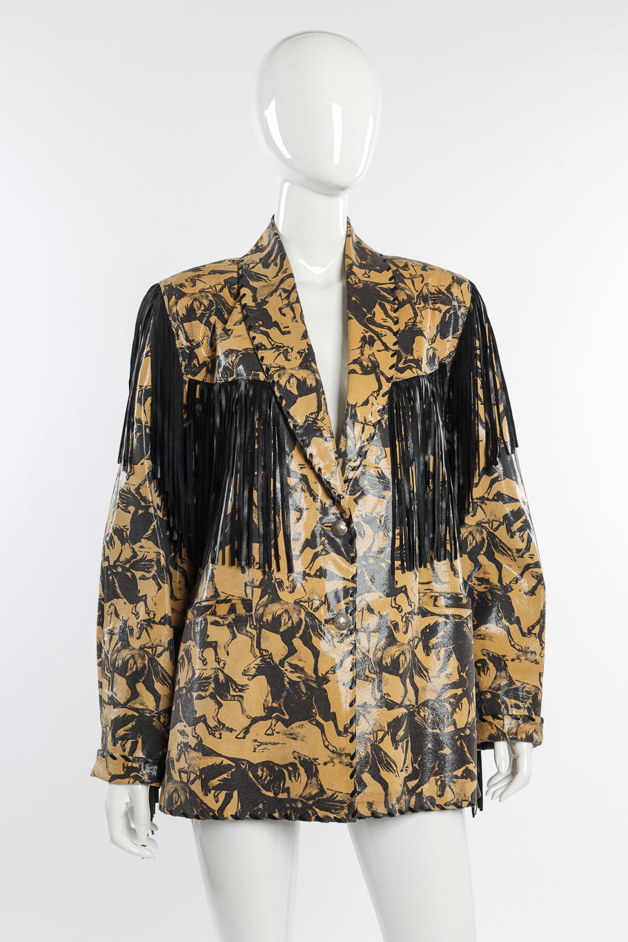 Vintage Leather Renditions by Sandi Horse Print Leather Fringe Blazer front on mannequin @recessla