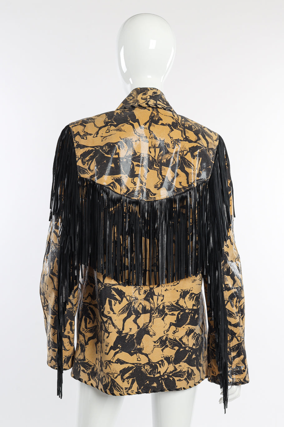 Vintage Leather Renditions by Sandi Horse Print Leather Fringe Blazer back on mannequin @recessla