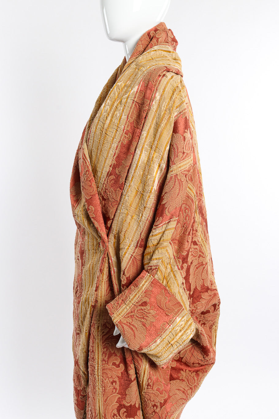 Vintage Les Habitudes Draped Brocade Cocoon Coat side on mannequin closeup @recessla