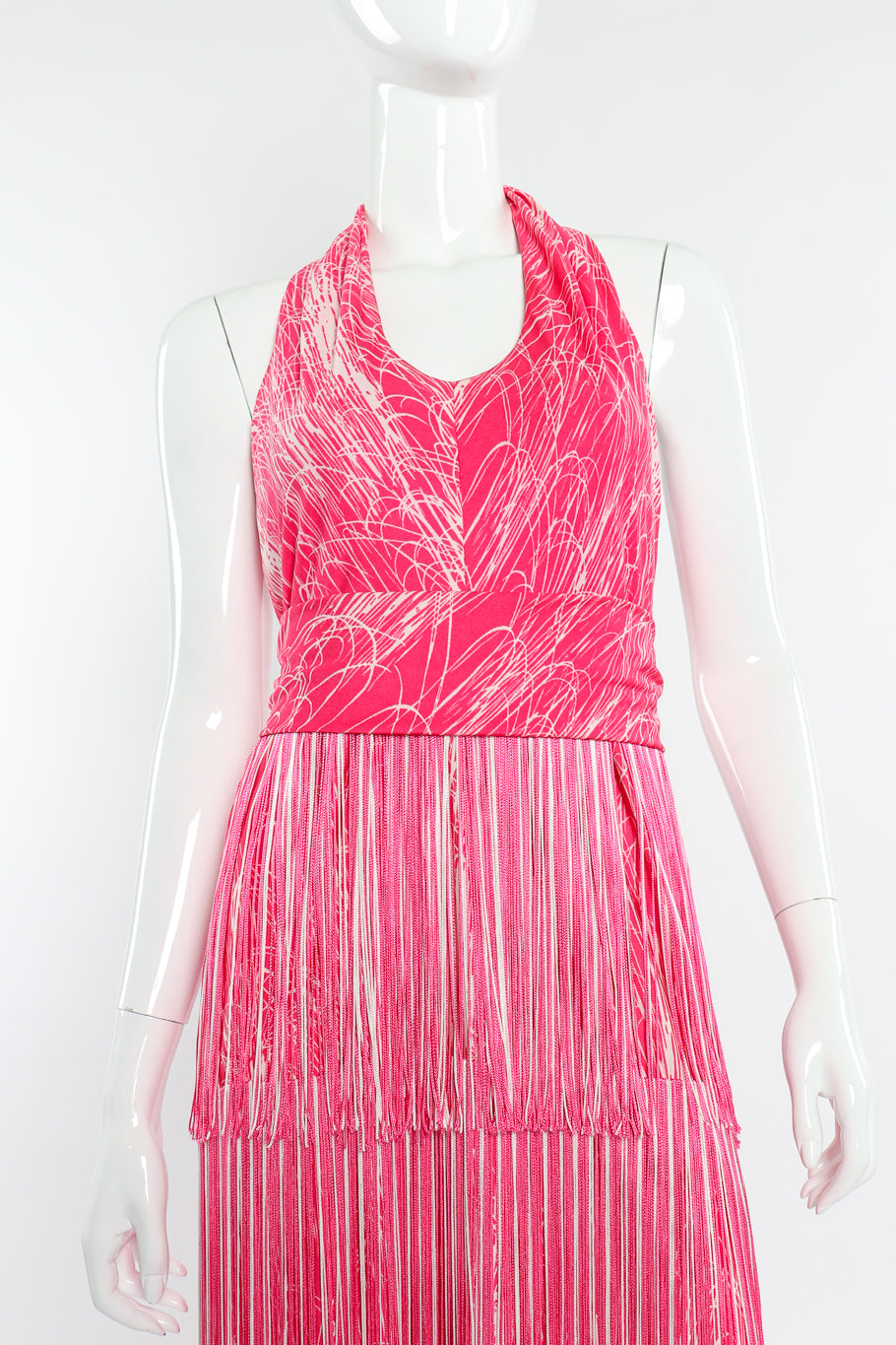 Vintage Lilli Diamond Halter Fringe Dress, Shawl & Belt Set front view of belted dress on mannequin @Recessla