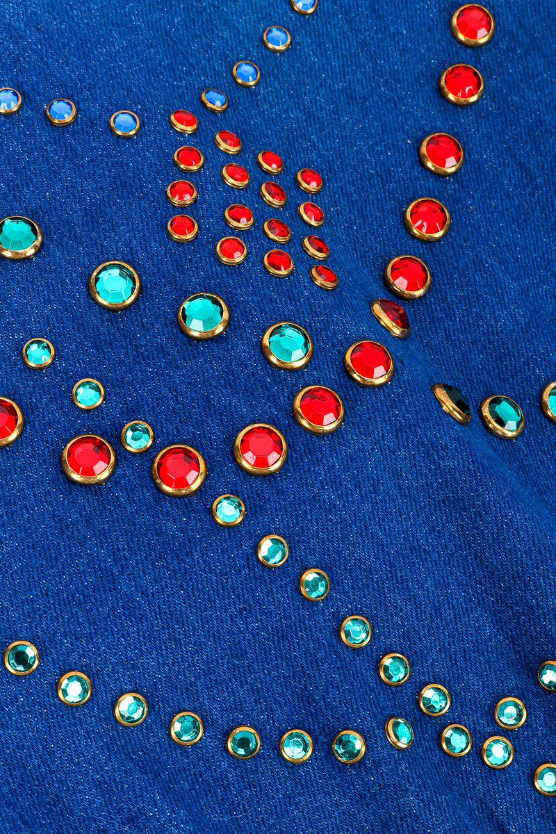 Vintage Lillie Rubin Crystal Studded Denim Jacket rhinestone studded chain and rhombus closeup @Recessla