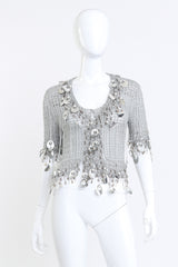 Loris Azzaro Silver Crochet Knit Paillette Fringe Top front on mannequin @RECESS LA