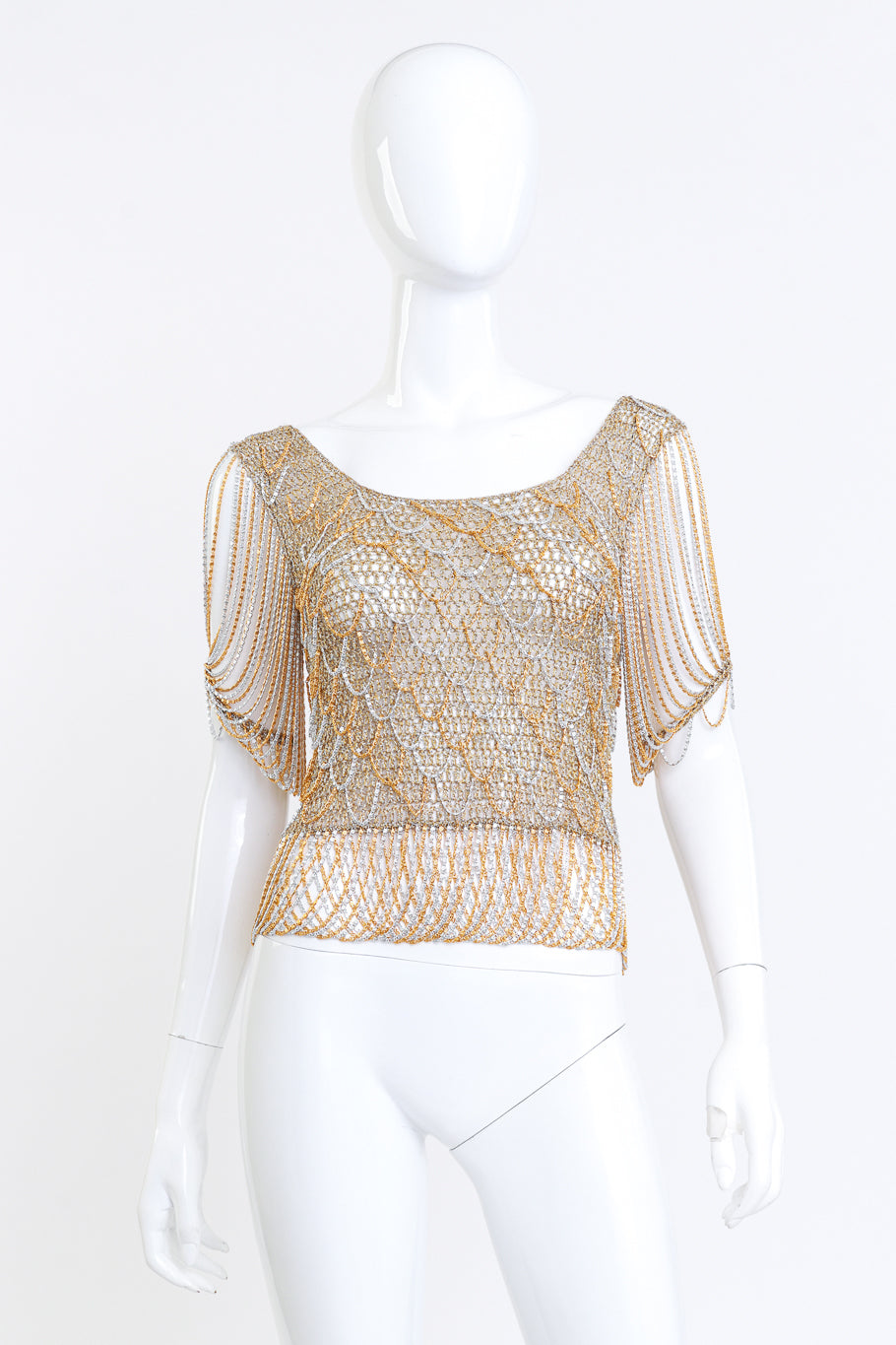 Loris Azzaro Metallic Crochet Knit Chain Drape Top front on mannequin @RECSS LA