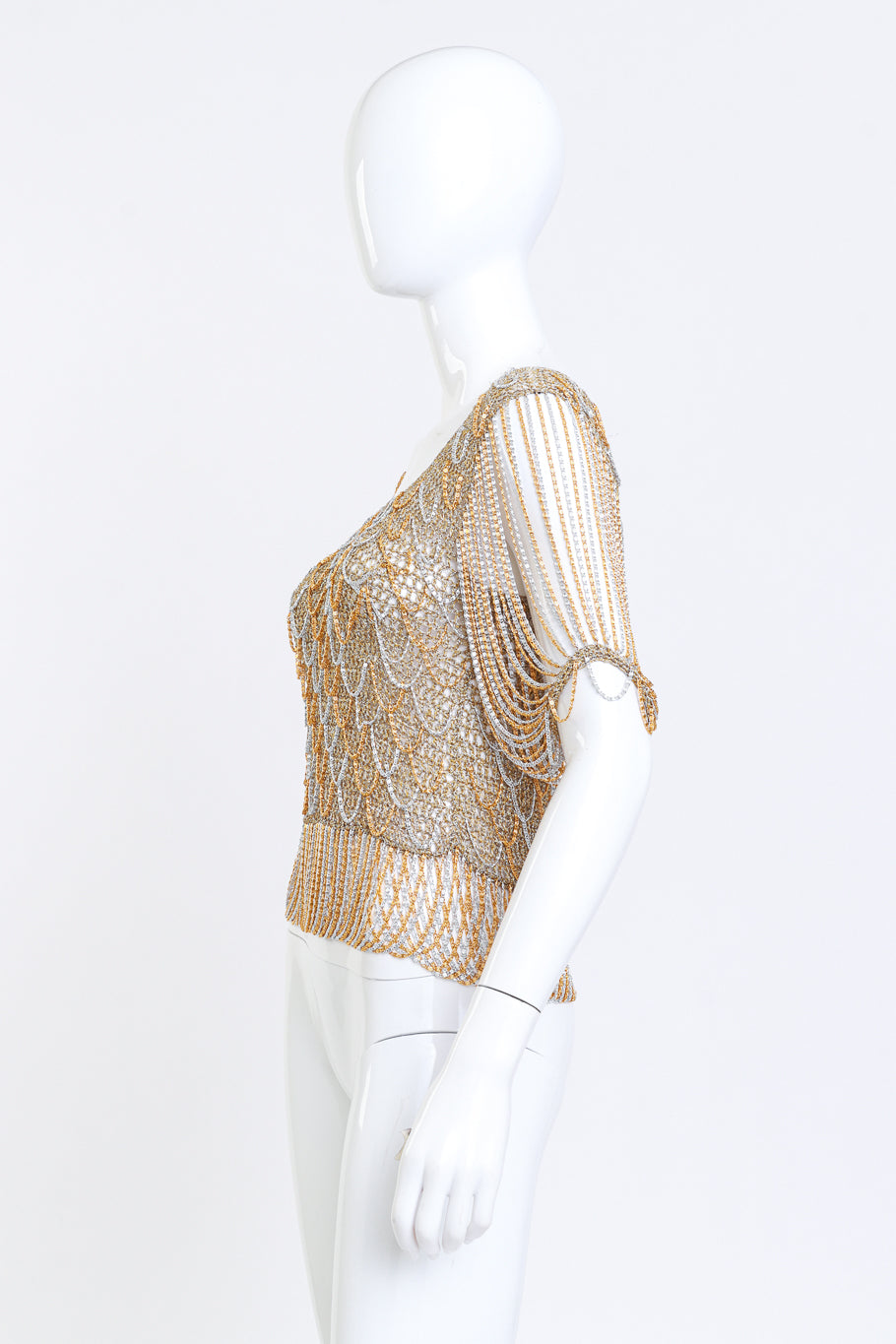 Loris Azzaro Metallic Crochet Knit Chain Drape Top side on mannequin @RECSS LA