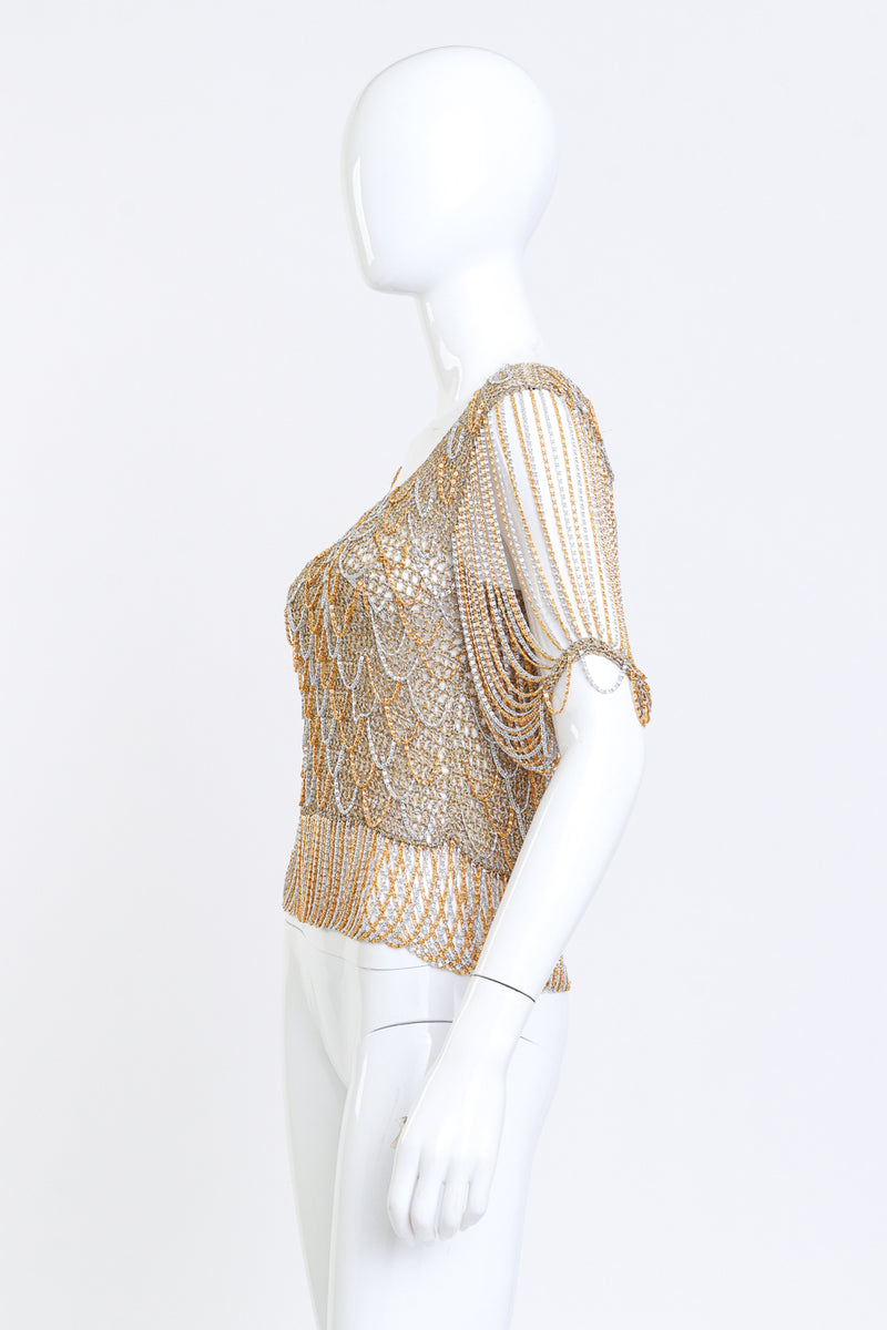 Loris Azzaro Metallic Crochet Knit Chain Drape Top side on mannequin @RECSS LA