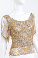 Loris Azzaro Metallic Crochet Knit Chain Drape Top front detail on mannequin @RECSS LA