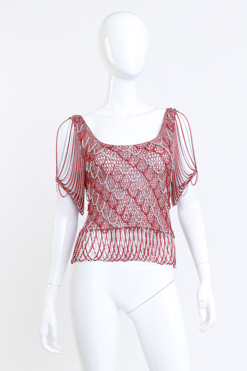 Loris Azzaro Scarlet & Silver Crochet Knit Chain Drape Top front on mannequin @RECESS LA