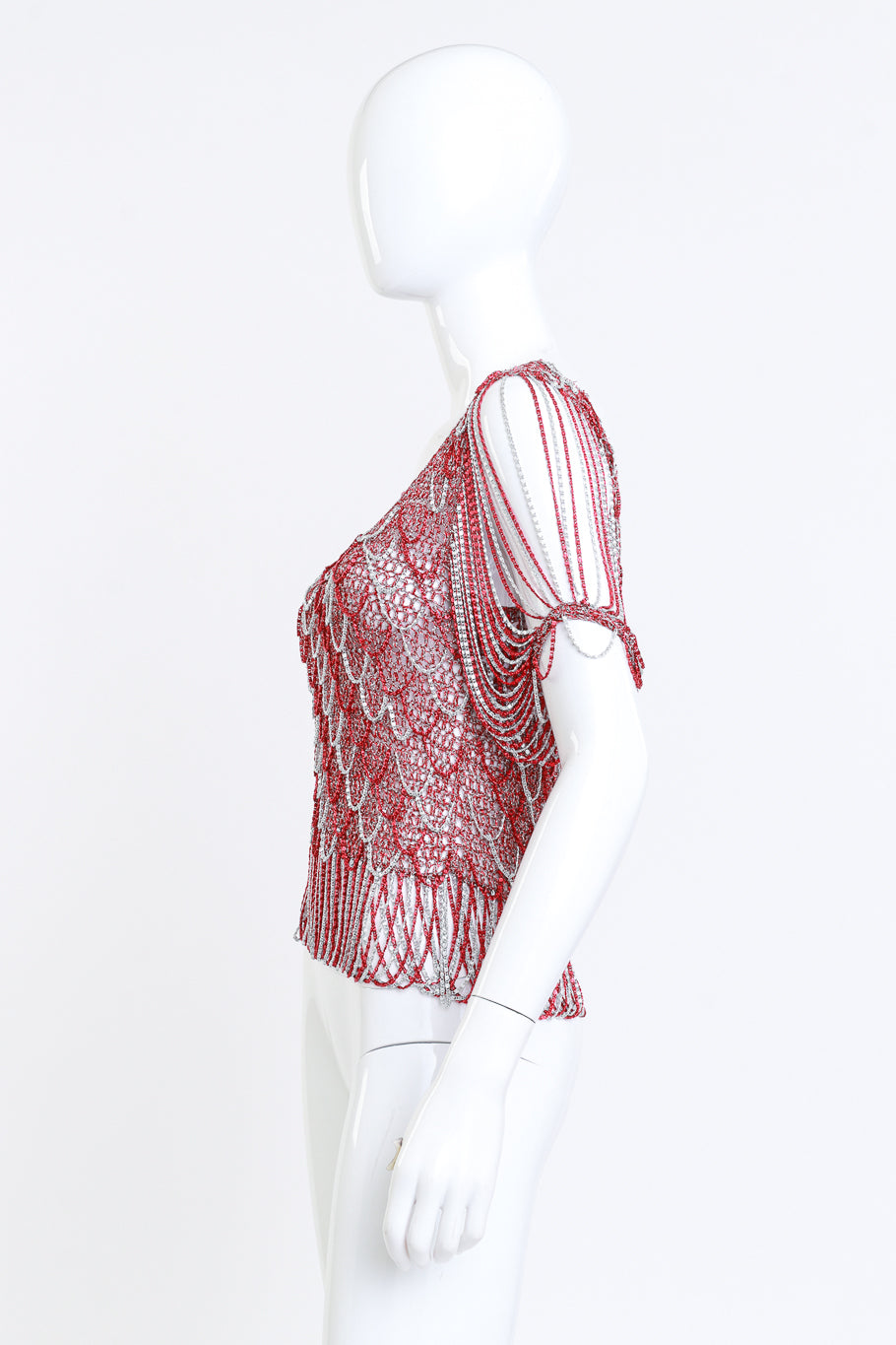 Loris Azzaro Scarlet & Silver Crochet Knit Chain Drape Top side on mannequin @RECESS LA