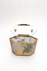 Vintage Majestic Pressed Foliage Lucite Box Bag front view open top on white backdrop @Recessla