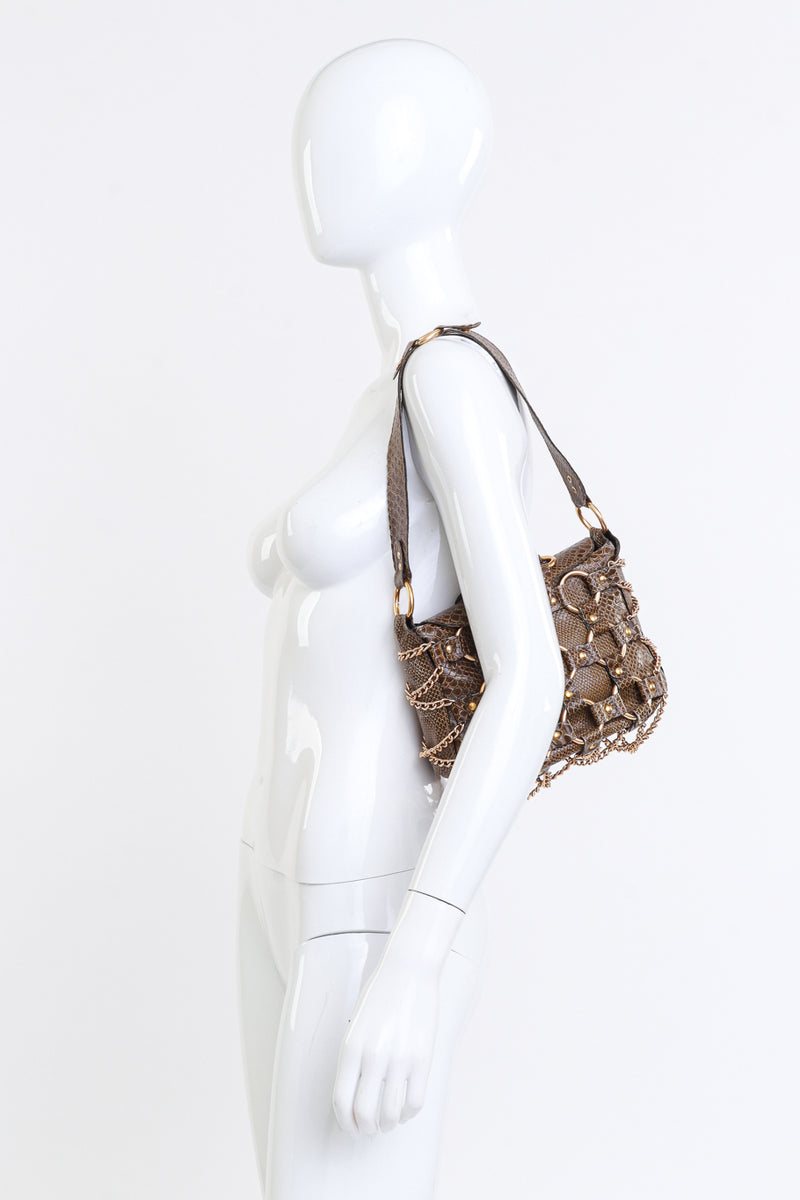 Vintage Murray Kruger Reptile O-Ring Shoulder Bag over mannequin shoulder for size @recess la