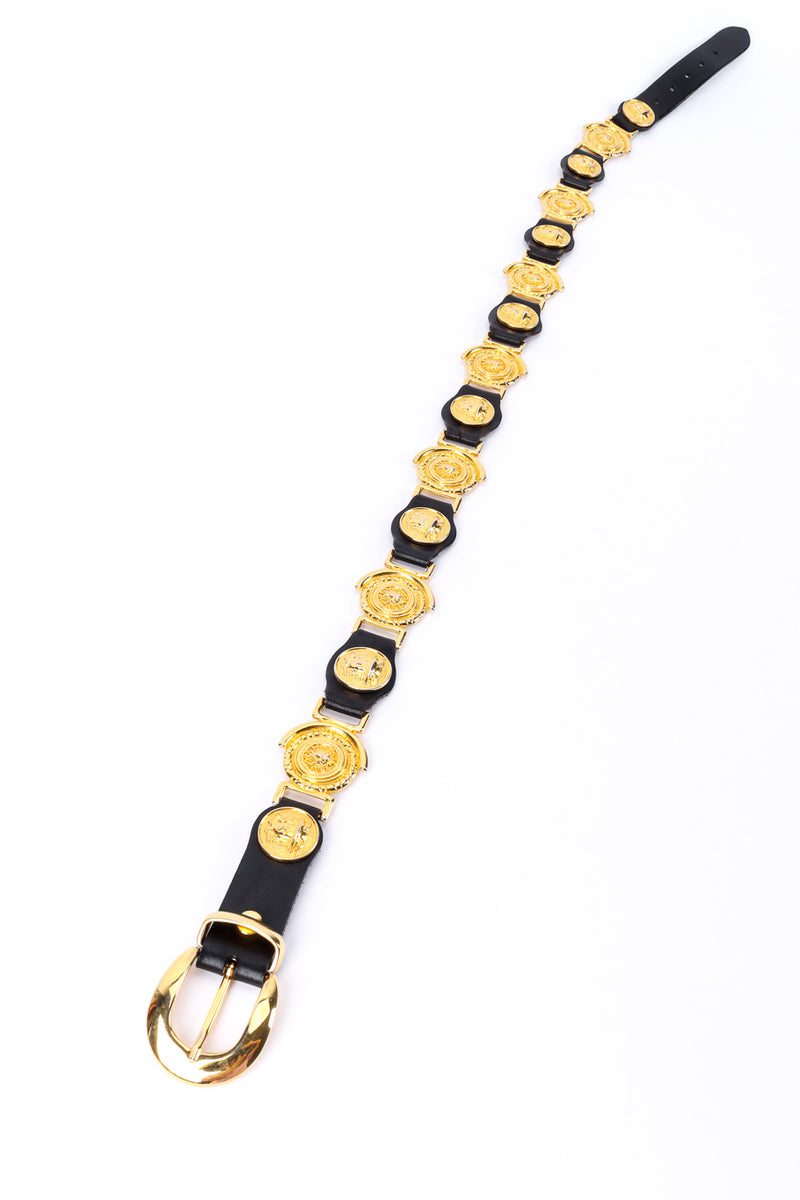 Medallion linked leather belt by Milos on white background straight laid @recessla