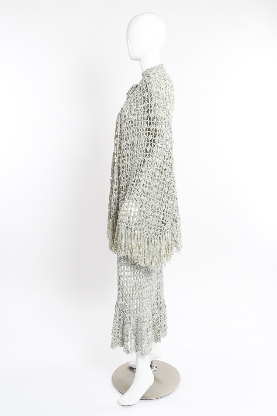 Metallic Silver Crochet Net Dress & Poncho on mannequin side @recessla