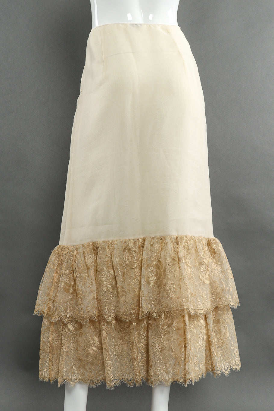 Vintage Mary McFadden Tiered Lace Mermaid Skirt back view on mannequin @Recessla