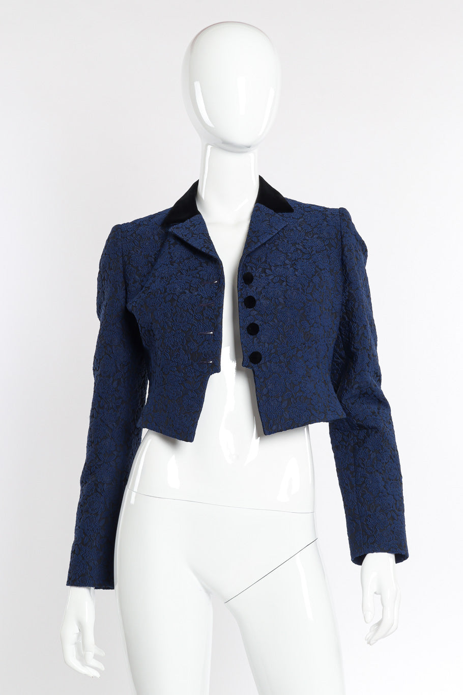 Cropped Floral Brocade Blazer by Moschino on mannequin unbuttoned @recessla