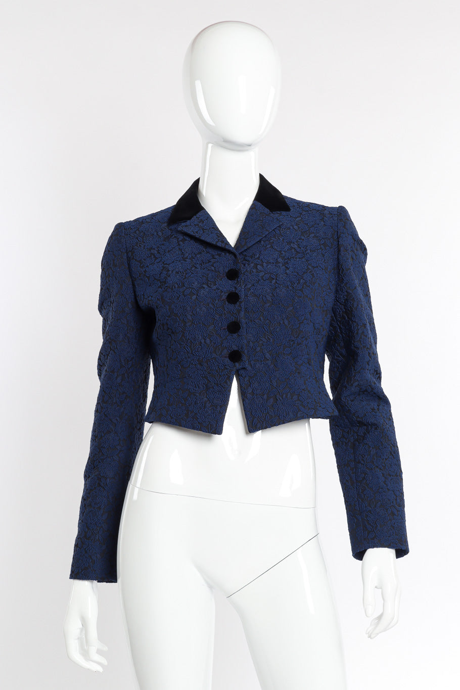 Cropped Floral Brocade Blazer by Moschino on mannequin @recessla